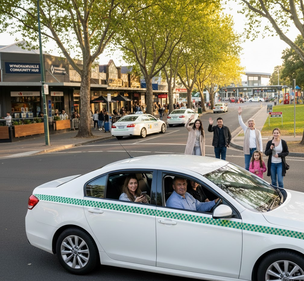 Hoppers Crossing taxi driving through a shopping district with passengers inside while people on the roadside wave at the vehicle.