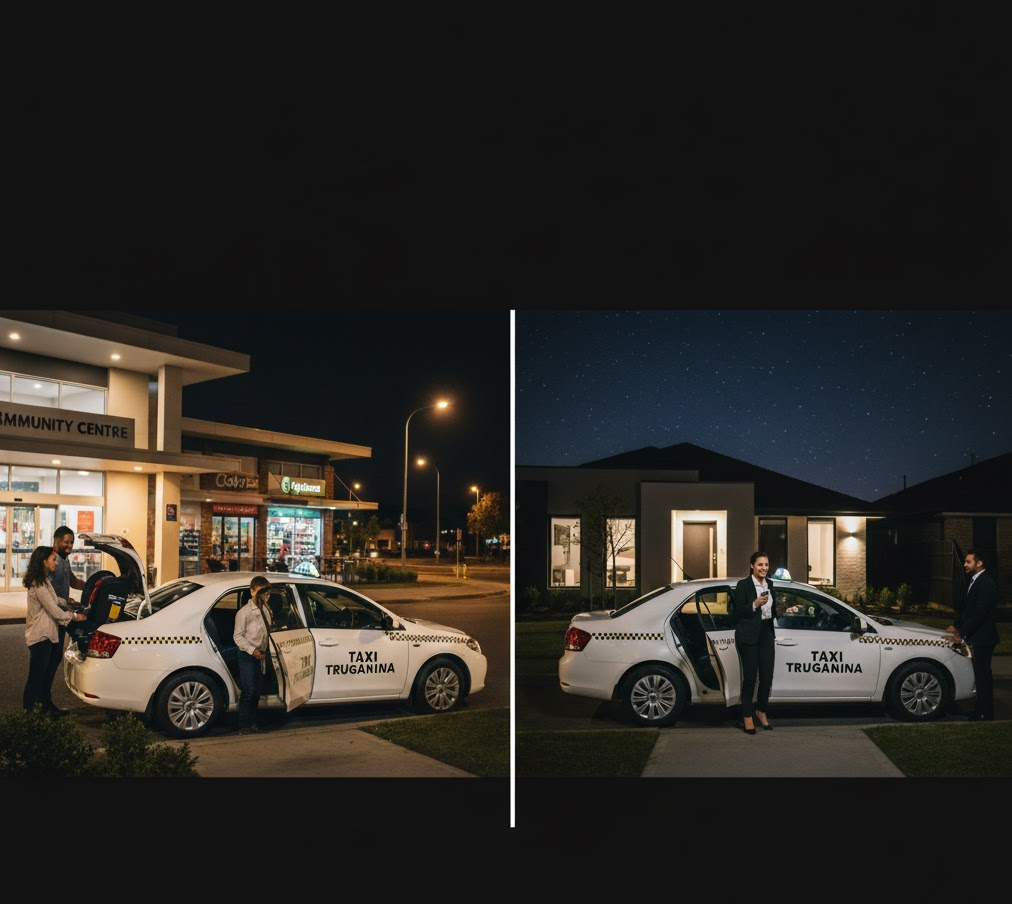 Two nighttime scenes featuring a Truganina taxi with passengers loading luggage outside a community centre and another passenger being dropped off at a residential home.