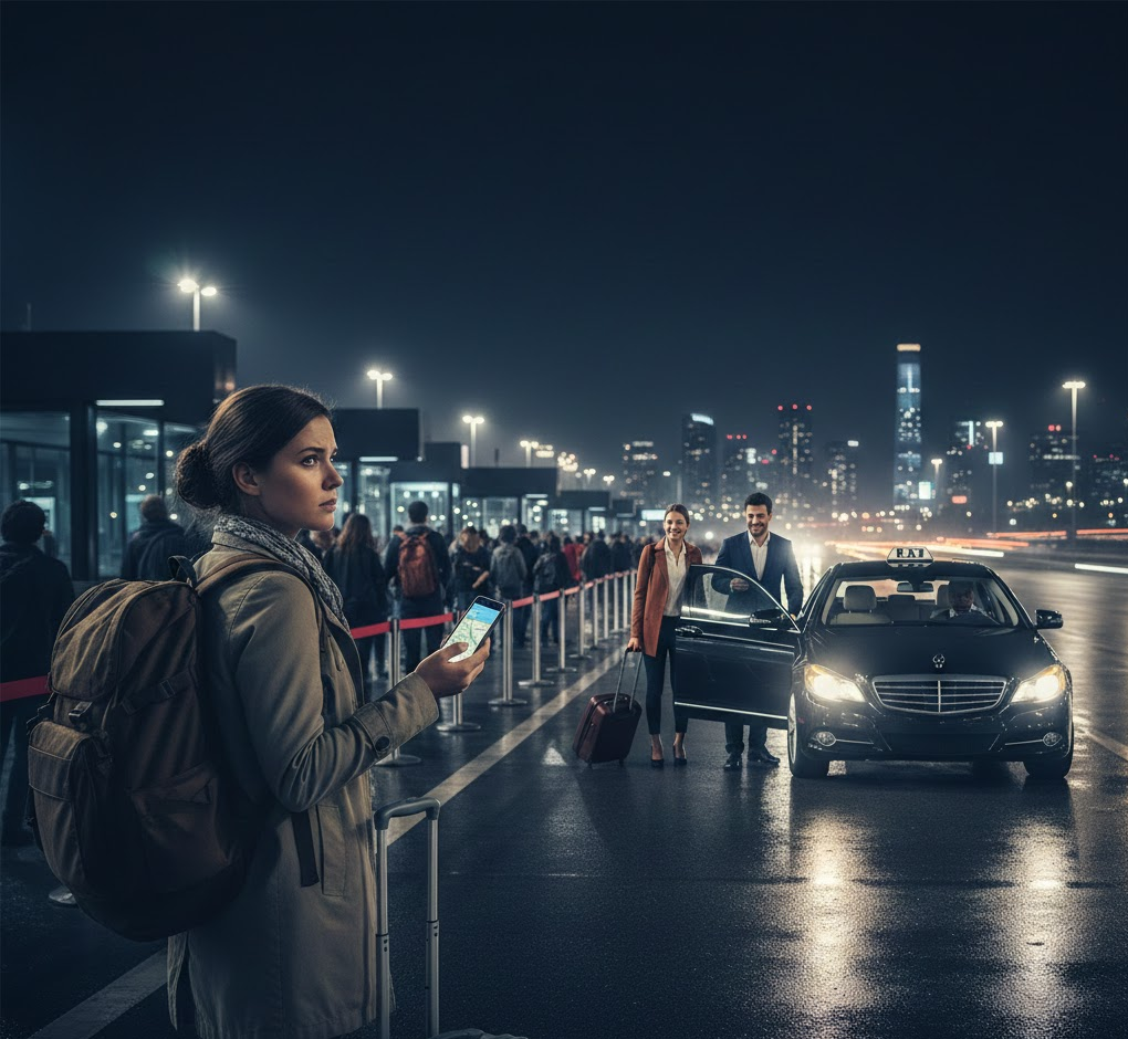 Travellers waiting in a long taxi line at night while another couple gets into a taxi, with a woman in the foreground checking her phone at the airport.