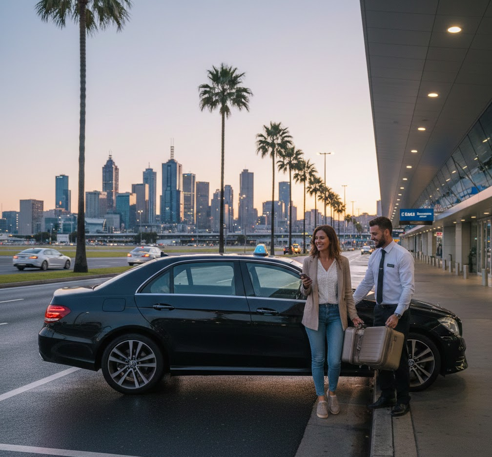 Woman arriving at an airport being assisted by a taxi driver with her luggage, with a black car parked nearby and a city skyline visible at sunset.