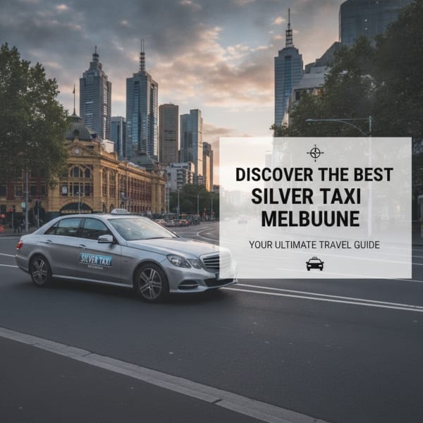 Silver Taxi parked on a Melbourne city street with skyline and travel guide text overlay.